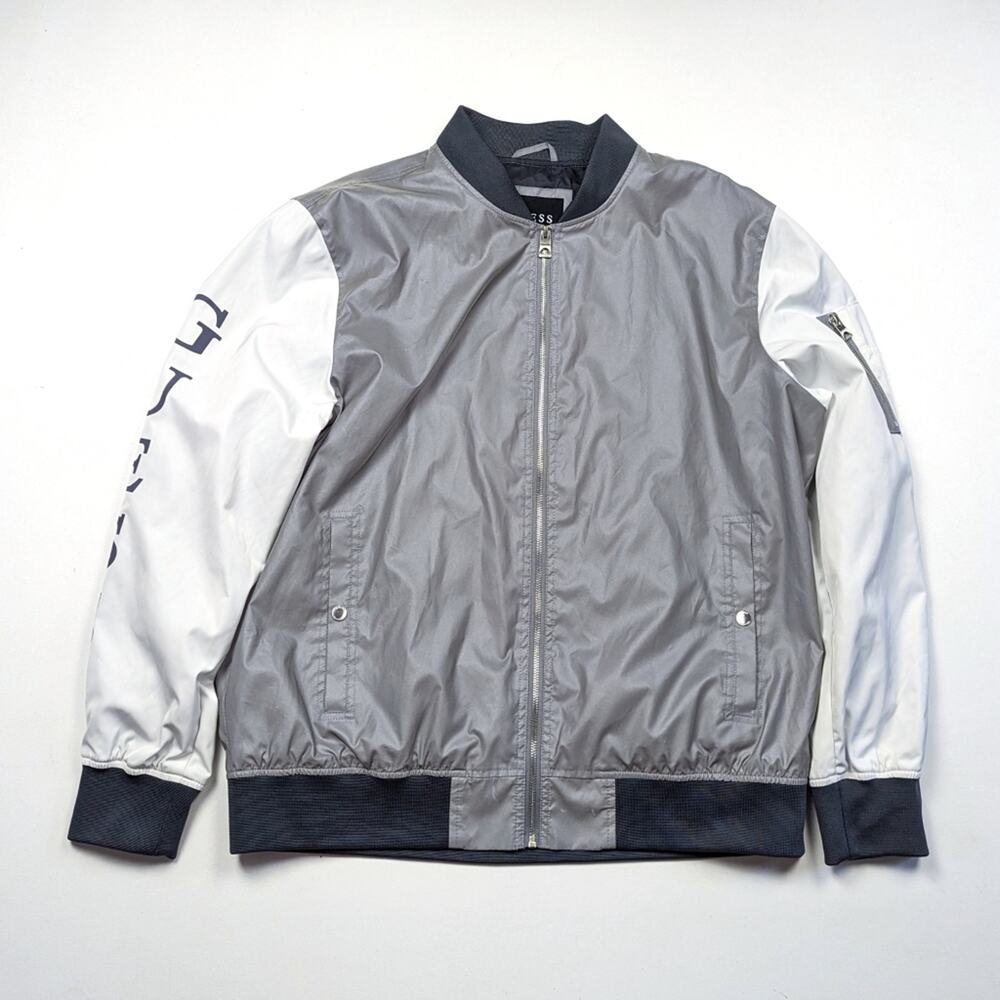 Guess Bomber Jacket Mens Size XXL Silver Reflective Spellout Sleeve